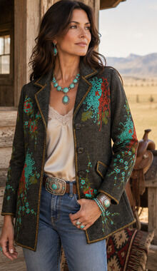 DB Sport Sz M Wool Blend Floral Embroidered Boho Western Jacket Coat Lined